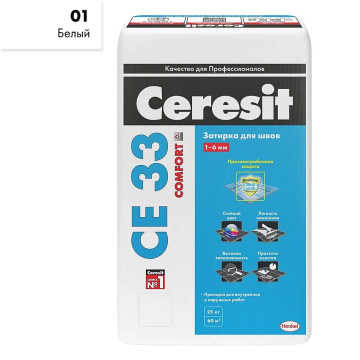 Купить Ceresit CE33/25кг Затирка для швов 1-6 мм внутри и снаружи Белый 01, РФ в Новосибирске